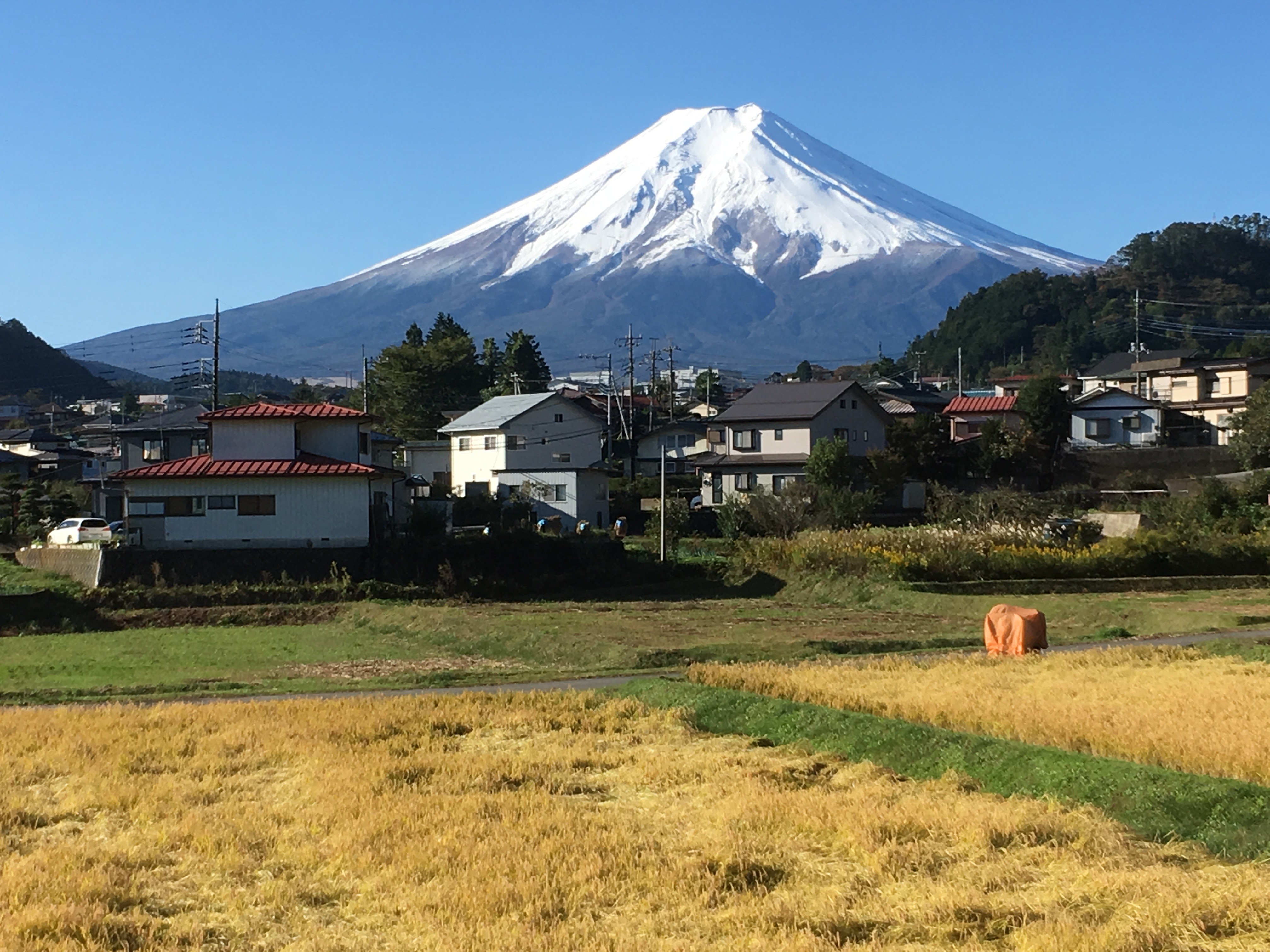 富士急行線車内（富士吉田市上暮地６丁目周辺）から富士山を望む